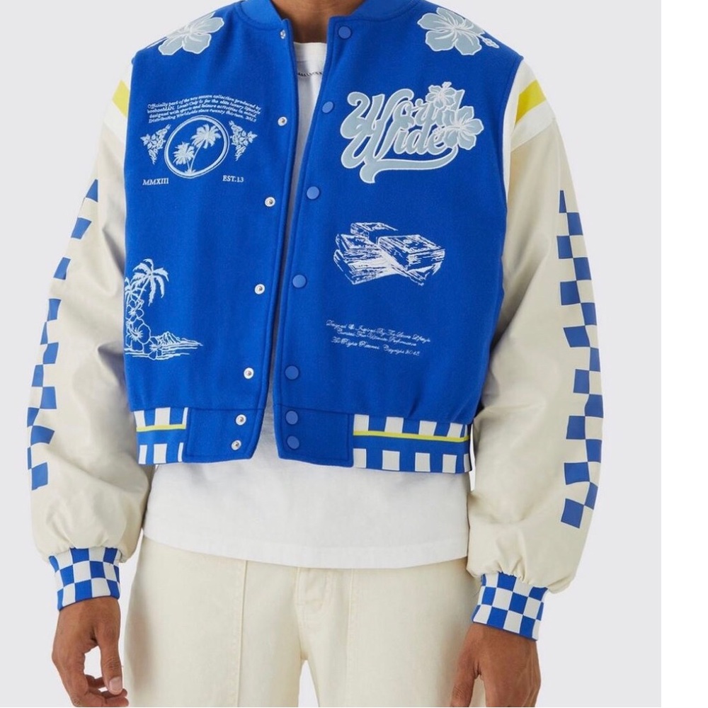 Boxy Checkerboard Melton Pu Varsity Jacket